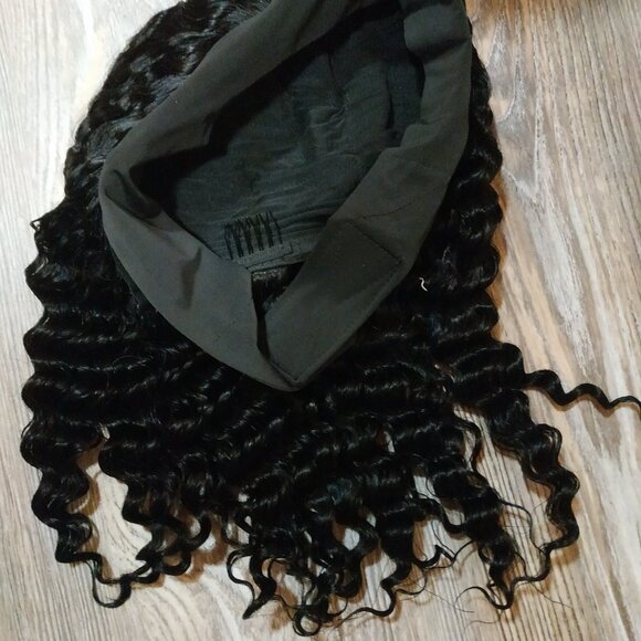 14" Real Human Hair Deep Wave Headband Wig, Black - Picture 4 of 7